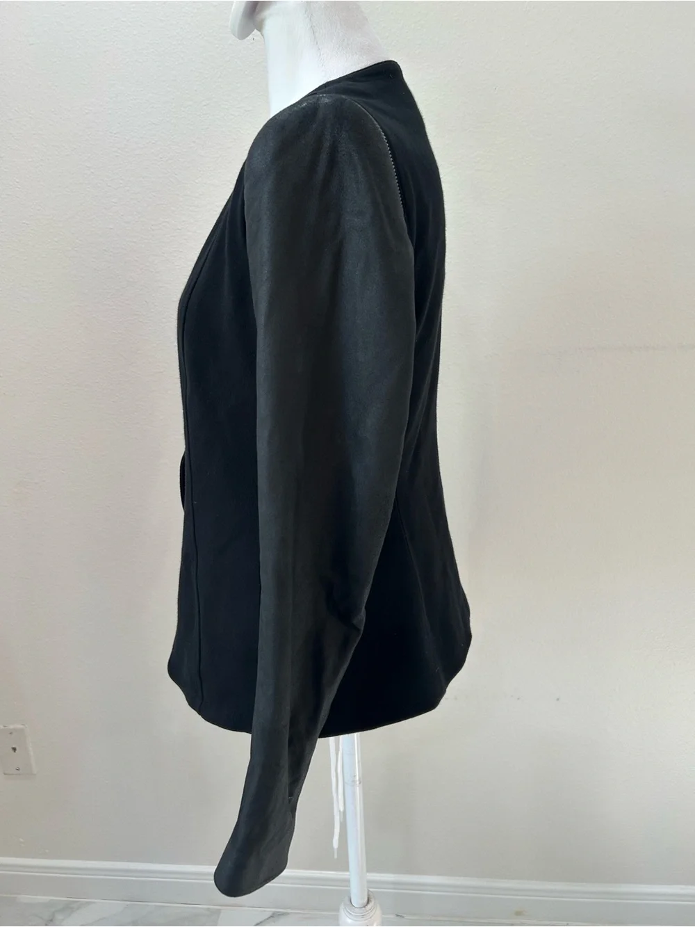 Theory Yaisa Black Open-Front Blazer Jacket with Leather Sleeves
